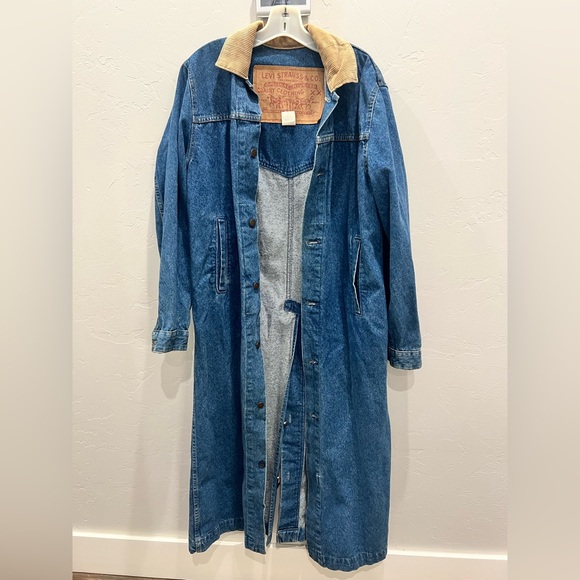 Vintage Levi's Denim Corduroy Collar Trench Duster Long Jean Jacket Barn Coat - Picture 1 of 5